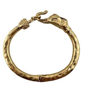 Lucky Elephant Figural Gorgeous Hinged Hook Bangle Gold Tone 6.25" Bracelet